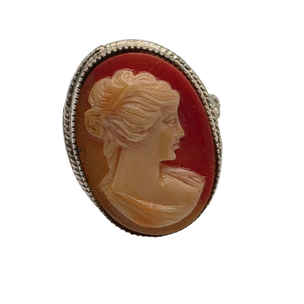 Vintage Cameo Ring Silver Tone Carved Shell Style Statement Size 6.75